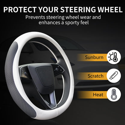 Uxcer Nappa Leather Steering Wheel Cover for Tesla Model 3/Y 2016-2025 2026 Juniper/Highland, Non-Slip Breathable Tesla Model 3/Y Steering Wheel Protector, White