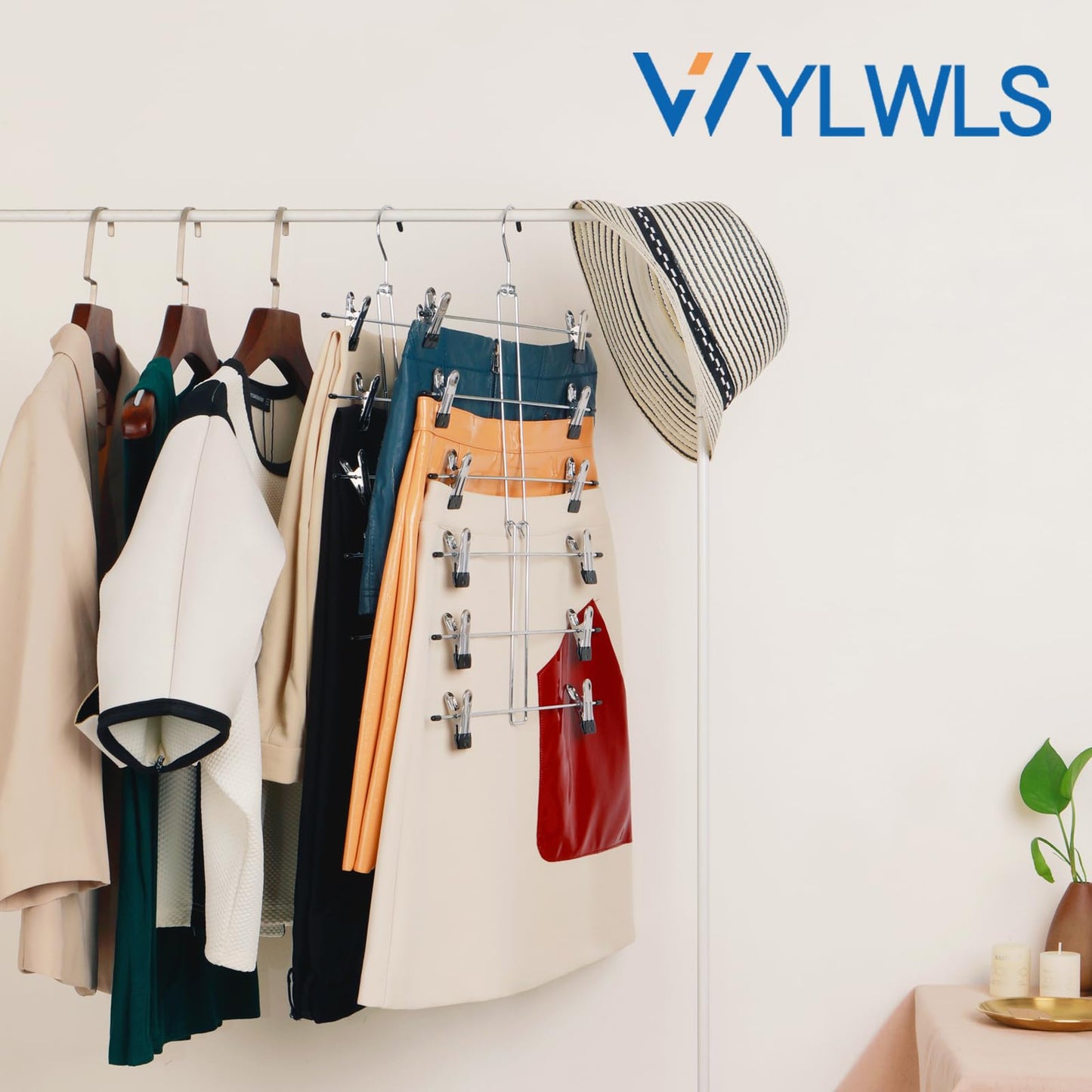 WYLWLS Skirt Hangers with Clips, Pant Hangers with Clips - Space Saving Hangers, Multi Clip for Skirts Pants Leggings Bra Scarf Organizer, Space Saver for Apartment & Small Space, 2Pcs