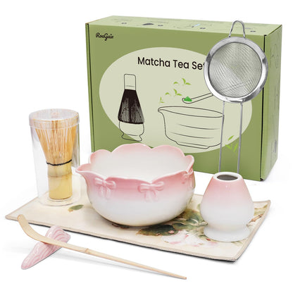 RoaGain Matcha Set, 7 Pcs Matcha Whisk Set, Pink 3D Bowknot Embellished Matcha Kit for Ceremony, Tradition Tea Set for Making Latte, Matcha Whisk Set with Bowl with spout,Gift for Tea Lovers