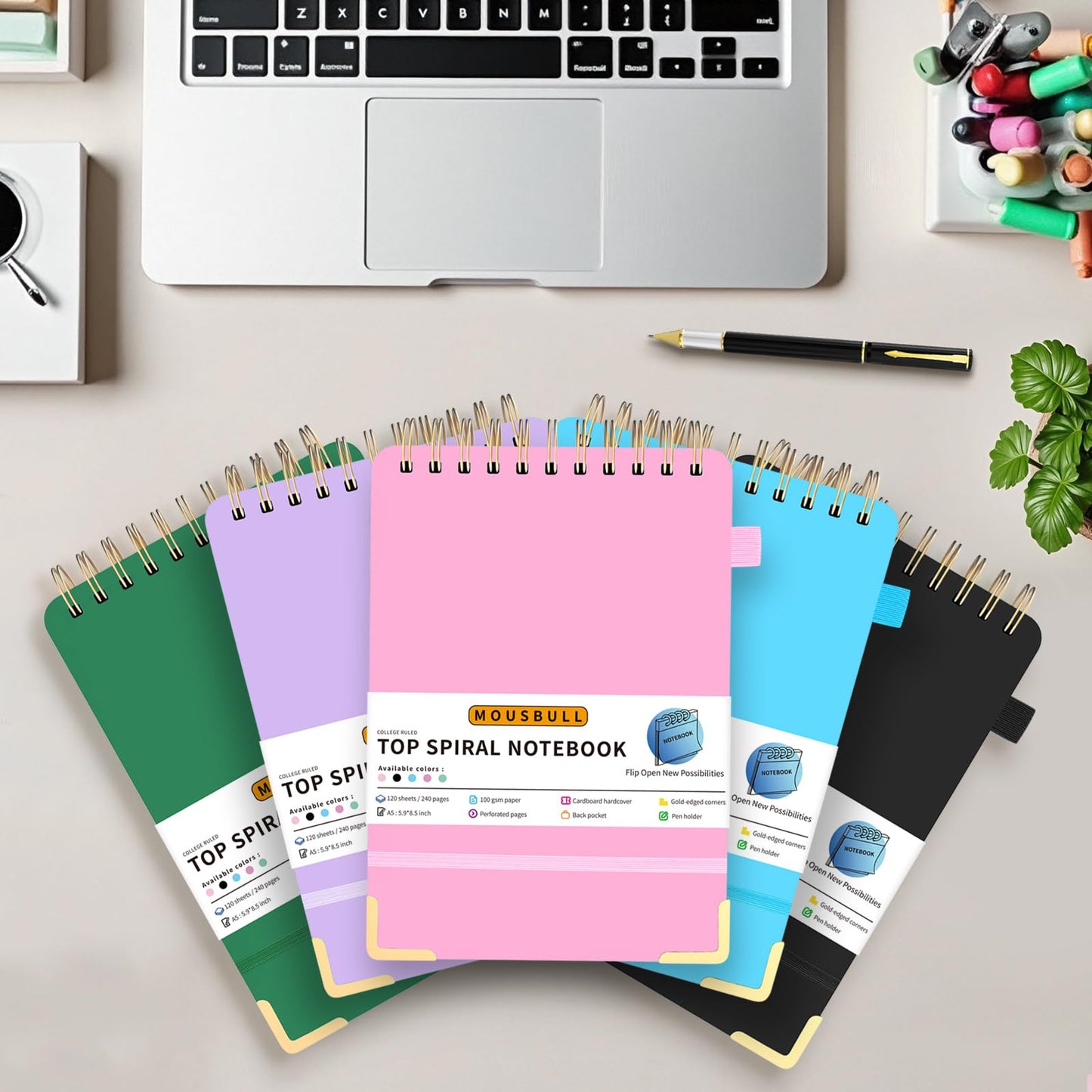 Top Spiral Notebook, A5 Hardcover Top Bound Steno Pads, 240 Pages 100gsm College Ruled Left Handed Notebook Journal for Work, School, Meeting Writing - Black, 5.9" x 8.5"