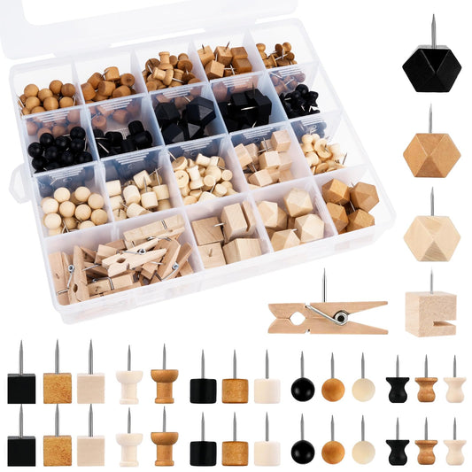 Worldity 304 Pcs Wood Push Pins, 3 Colors and 8 Types Decorative Wood Thumb Tacks with 1 Pcs Storage Box, Wooden Head Pin for Bulletin Board, Cork Boards, Wall Hangings, Map, Photos, Craft Projects