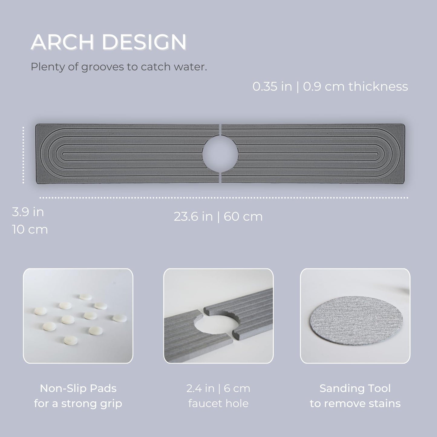 Natureva Home - Stone Faucet Mat | Diatomite Sink Splash Guard | Instant Drying Tray for Kitchen Bathroom Sinks | Made of Diatomaceous Earth | Absorbing Water Instantly | Design Arch | Colour Graphite