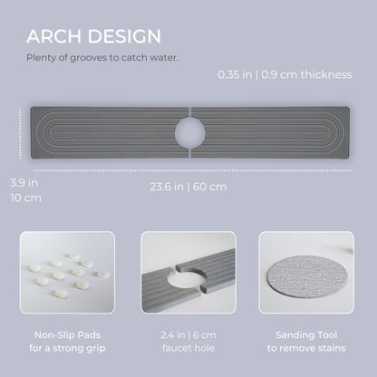 Natureva Home - Stone Faucet Mat | Diatomite Sink Splash Guard | Instant Drying Tray for Kitchen Bathroom Sinks | Made of Diatomaceous Earth | Absorbing Water Instantly | Design Arch | Colour Graphite