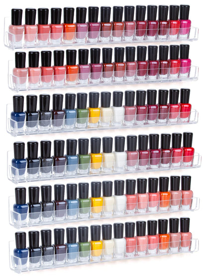 AMEITECH 6 Pack Acrylic Nail Polish Rack, Clear Wall Mounted Shelf Holder 90 Bottles, Nail Polish Organizer and Storage with Anti-Slip End Inserts, 15 Inch