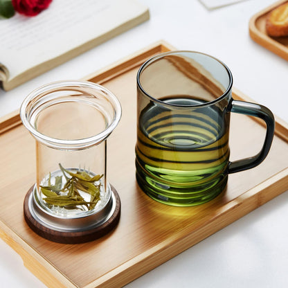 Unbreakable Glass Tea Cup with Infuser and Lid - 15oz Tea Mug for Loose Leaf Tea, Infusion Mug with Glass Filter and Wooden Lid