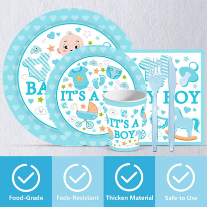 Poqirzan 144PCS Gender Reveal Party Supplies Baby Shower Plates and Napkins Tableware Sets for Boy Baby Shower Party Decorations Including Paper Cartoon Plates Napkins Cups Forks Serve 24