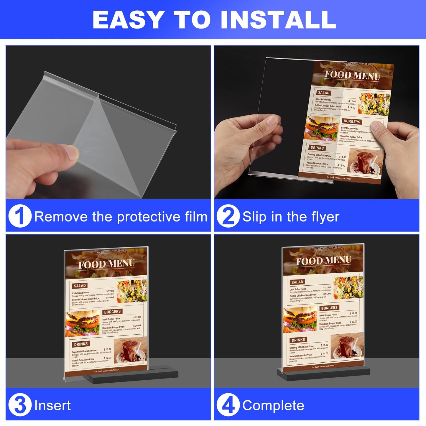 Acrylic Sign Holder 5x7 Inches,6 Packs Double-Sided Stand up Table Top Sign Holders,Clear Acrylic Picture Frame, Menu Flyer Paper Holder,Display Stand for Office Business Store Wedding Party - Black
