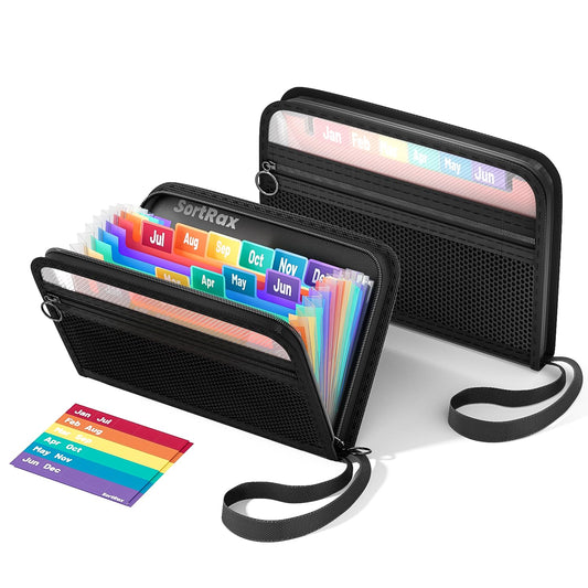 SortRax Small Receipt Coupon Organizer, A6 Size 12 Pockets Accordion File Organizer, 8X5.3 Inches, Zipper Closure - 2 Packs