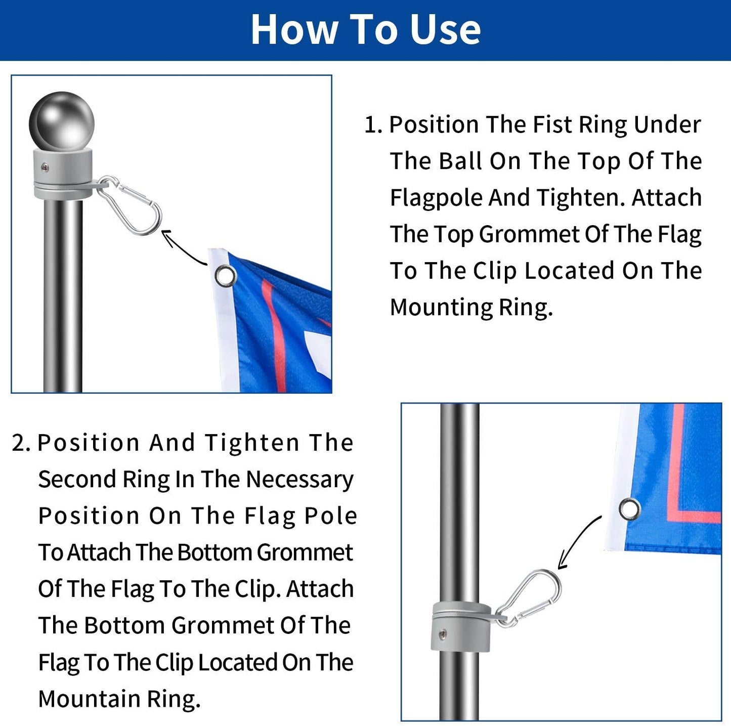 4 Pieces Flag Pole Rings,Aluminum Alloy Mounting Rings 360 Degree Rotating Flagpole Flag Mounting Rings Spinning Flag Pole Kit with Clip Hook for 1 Inch Diameter Flag Pole