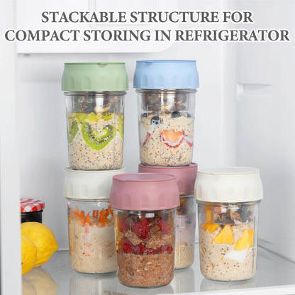 SOLIGT NOVIIML k Overnight Oats Containers with Lids, Folding Spoons and Divided Compartments for Fruit & Nuts, Small Glass 16oz Mason Jars for Oatmeal Yogurt Parfait (2 Set-Oat White/Oat White)