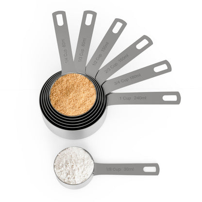 Chef Pomodoro Stainless Steel Measuring Cup Set, Nested and Stackable with 7 Pieces, Sturdy Extra-Long Handles with Lasered Markings and Sorting Ring, Metal Kitchen Spoons for Wet and Dry Ingredients