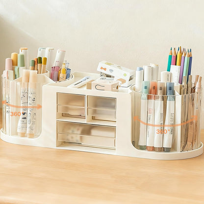 Desk Organizer with 360° Degree Rotating Pen Pencil Holder,Office Desk Organizers and Storage for Office School Home 10 Slots 3 Drawer Organizers 1 Top Storage Tray (White)