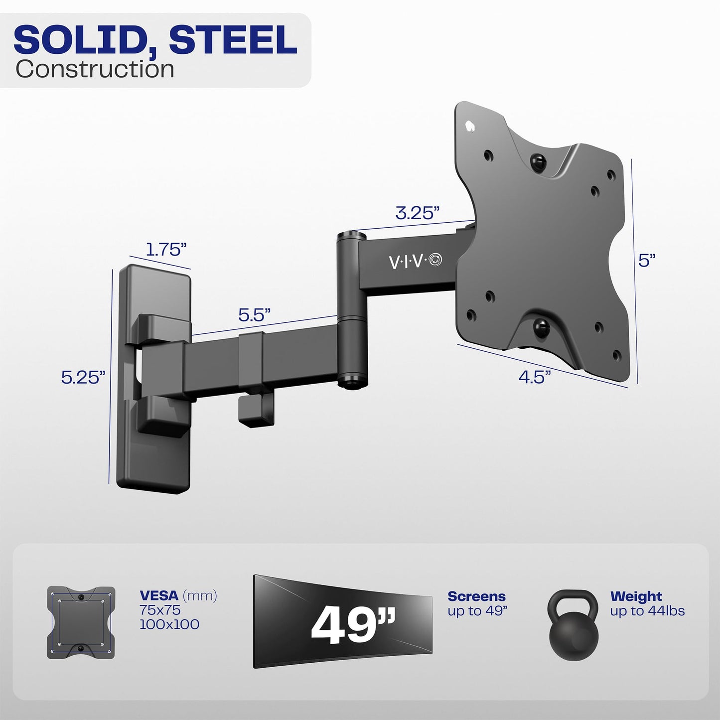 VIVO Full Motion Ultrawide Monitor Wall Mount, Fits Ultra-Wide Screens up to 49 inches and 44 lbs, Tilt and Swivel Arm, Black, MOUNT-VW01M