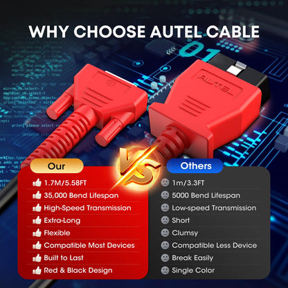Autel Original OBD2 Main Test Cable, 5.6ft 1.7M, 16 Pin OBDII Diagnostic Test Cable, Work with Scanner MK808 MK808S MK808Z MX808 MX808S MP808 MP808S MP808K DS708 DS808 MS906 MS908, IM508 IM508S