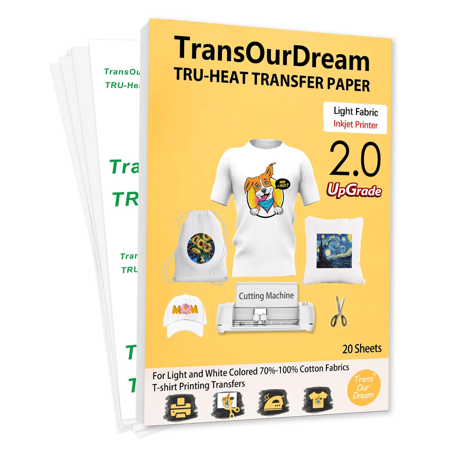 TransOurDream Upgraded Iron on Heat Transfer Paper for T Shirts (20 Sheets, 8.5x11") Iron-on Transfers Paper for Light Fabric Printable Heat Transfer Vinyl for Inkjet Printer (CA-2-20)
