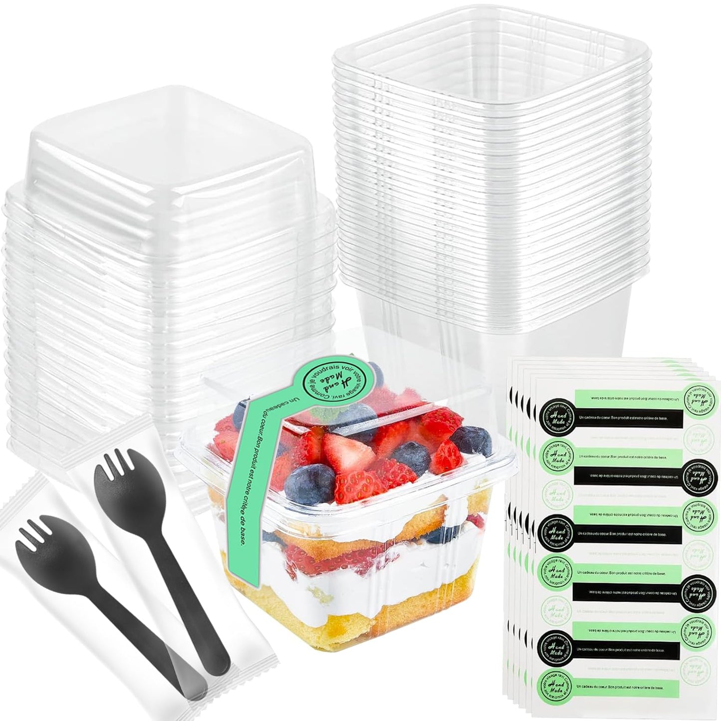 50Pack 8 oz Square Plastic Dessert Cups with Lids and Individually Wrapped Spoons, Clear Disposable Plastic Yogurt Parfait Cups for Cupcake Mousse Yogurt Pudding Mousse Fruits (50Pack)