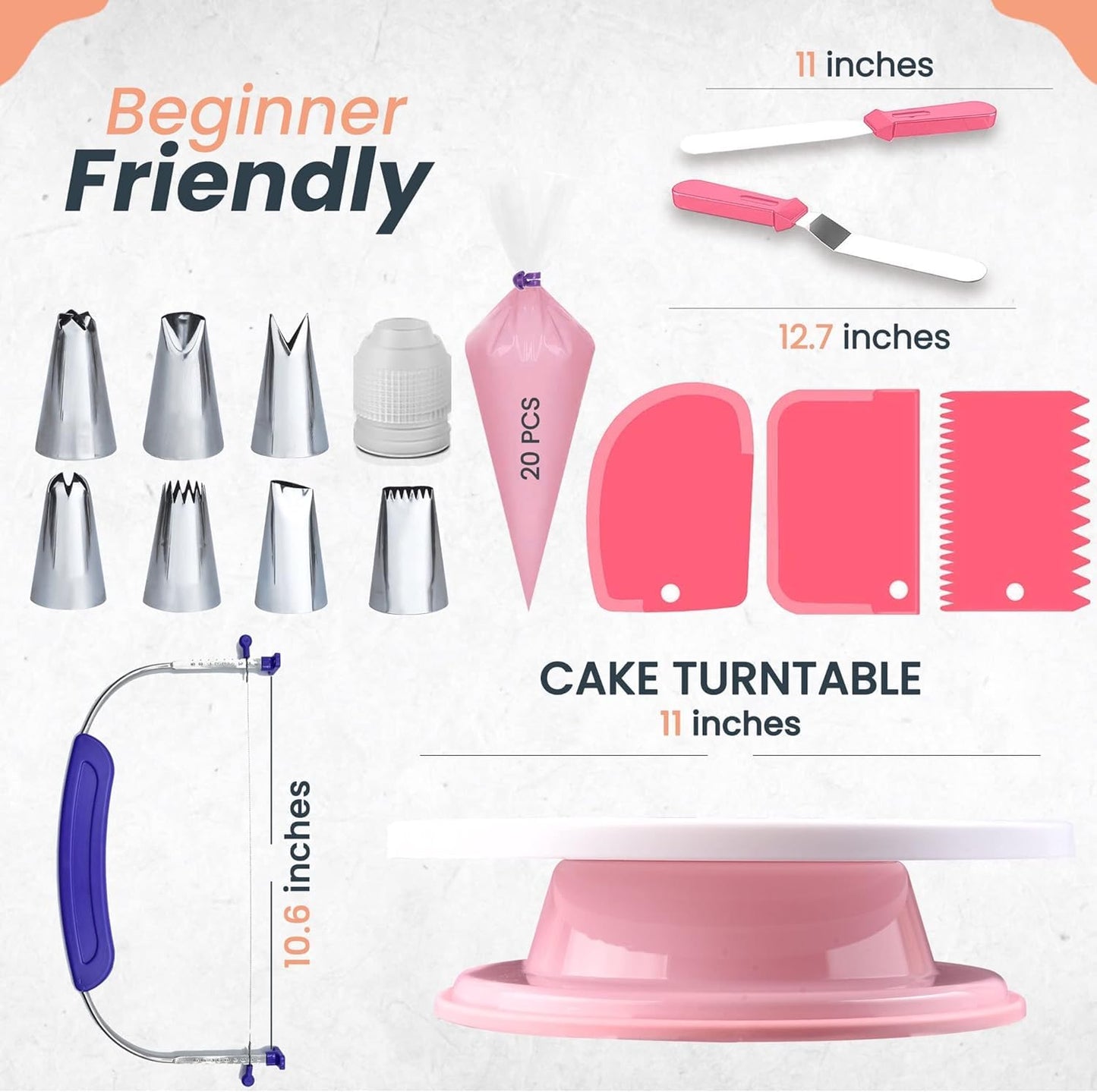 RFAQK 35 PCs Cake Decorating Kit with Cake Turntable -Leveler- Cake Stand with Non slip Base-7 Piping Tips & 20 Bags-Straight & Offset Spatula- Scraper Set-EBook-Cake Decorations & Baking Supplies Set