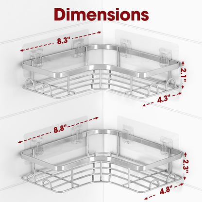 Sakugi Corner Shower Caddy - 2 Pack, Adhesive Shower Organizers, Rustproof Stainless Steel Shower Shelves with 8 Hooks, No Drilling Bathroom Organizers and Storage Racks, Space-Saving, Silver, Large