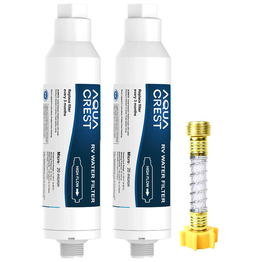 Aqua Crest RV Inline Water Filter with 1 Hose Protector, Reduces Lead, Fluoride, Chlorine, Bad Taste&Odor, Dedicated for RVs and Marines, 2 Pack Drinking & Washing Filter (Packing May Vary)