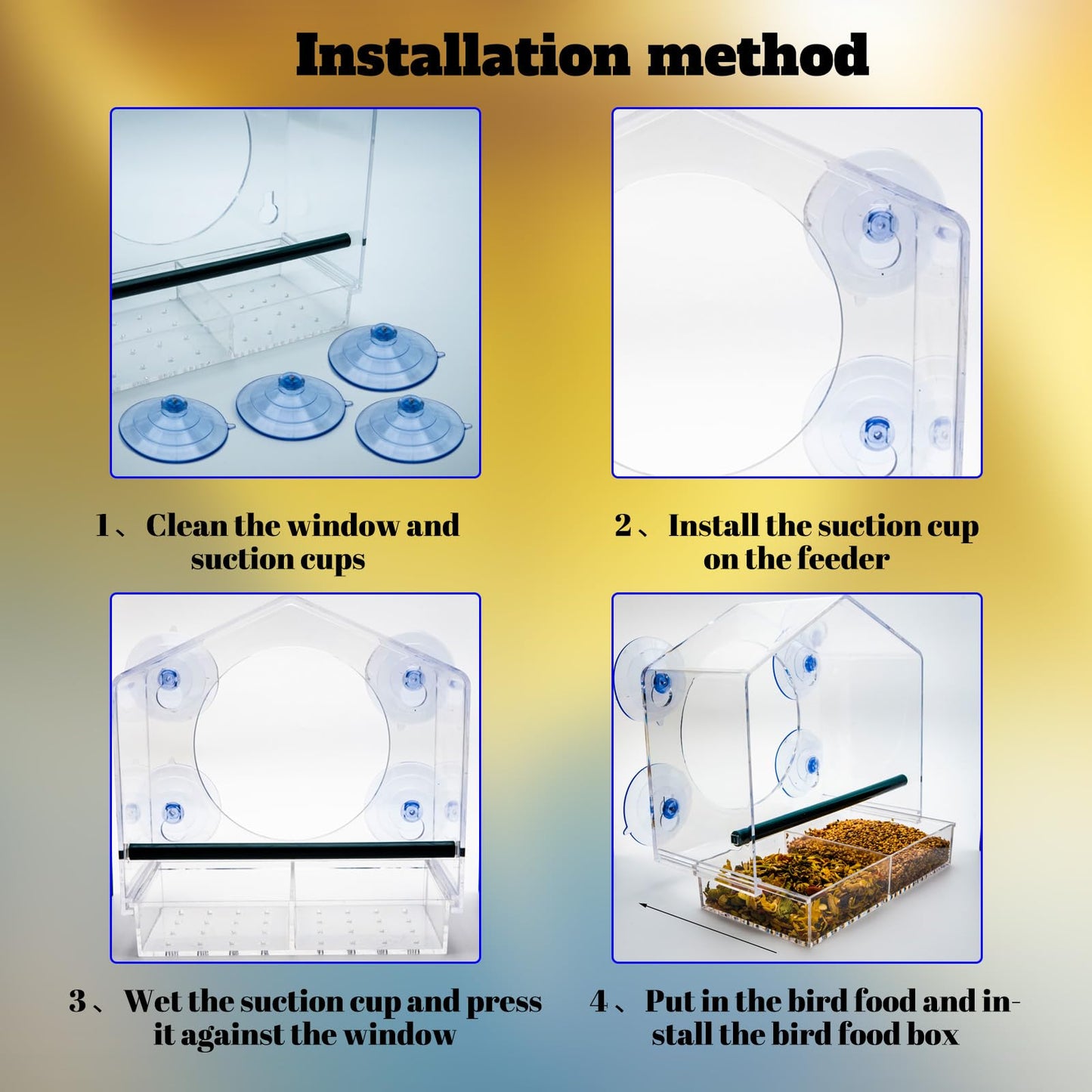 Window Bird-Feeder with 4-Strong Suction-Cups - Large Clear Acrylic Bird House for Outside Wild Birds - Removable Tray & Drain Holes - Up Close Viewing for Cats, Elderly (Color002)
