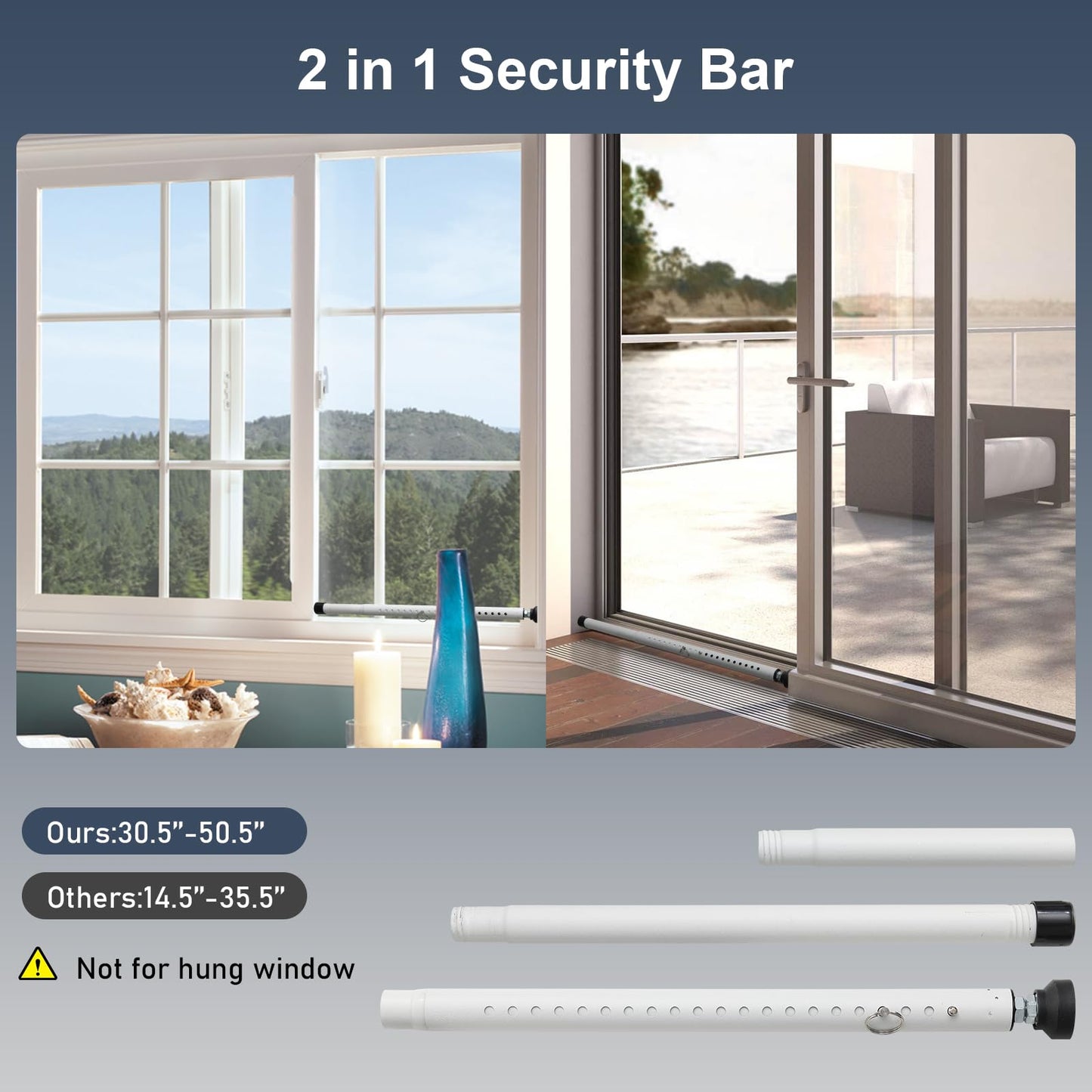 Sliding Door Security Bar，17.7-50.5inch Adjustable Locking Window Safety Bar with Rubber Tips,Diameter 1inch Window Security Bar for Home Apartment (White)