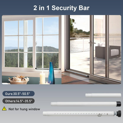 Sliding Door Security Bar，17.7-50.5inch Adjustable Locking Window Safety Bar with Rubber Tips,Diameter 1inch Window Security Bar for Home Apartment (White)
