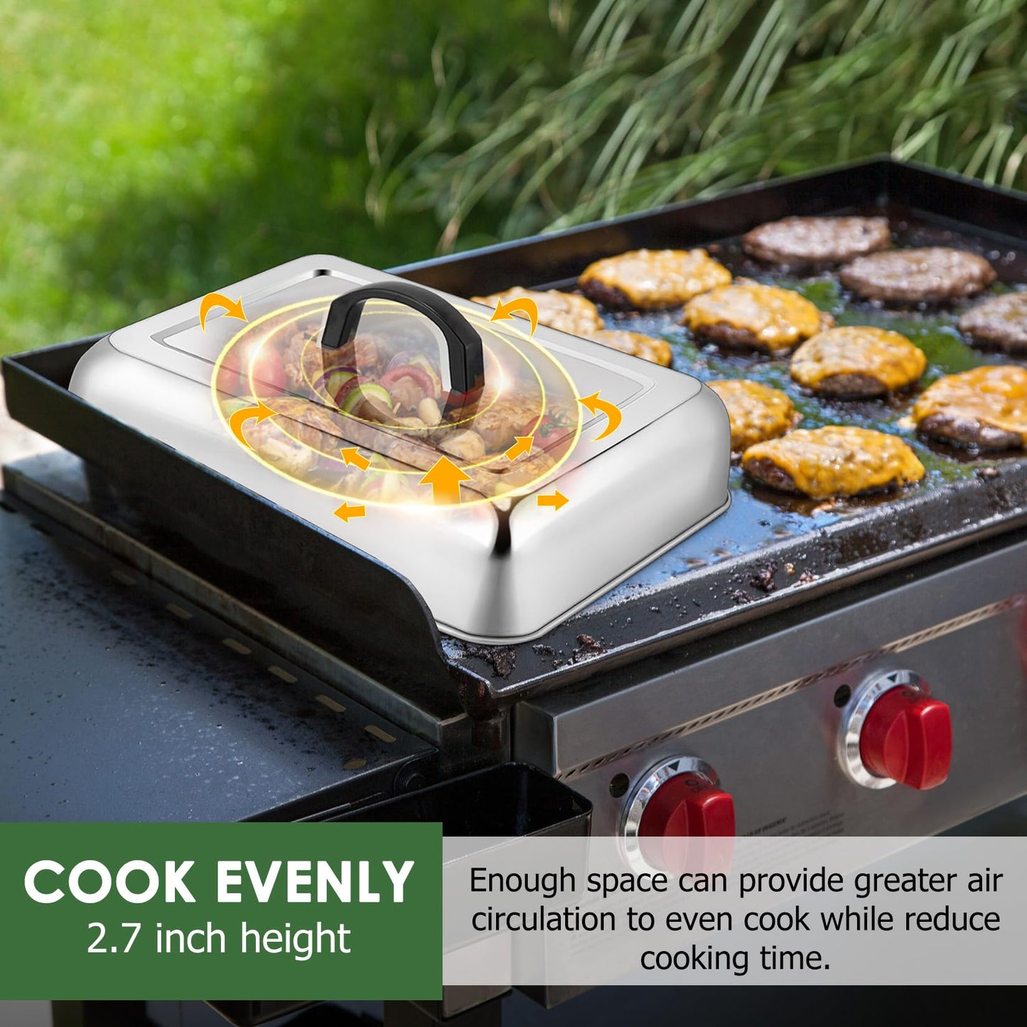 1Piece 13 x 9.8 Basting Cover for Griddle, Joyfair Rectangular Cheese Melting Dome, Stainless Steel Melt Lid for Outdoor Flat Top Grill, Heat-Resistant Handle & Dishwasher Safe (No Vent)