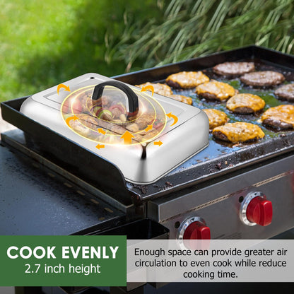 1Piece 13 x 9.8 Basting Cover for Griddle, Joyfair Rectangular Cheese Melting Dome, Stainless Steel Melt Lid for Outdoor Flat Top Grill, Heat-Resistant Handle & Dishwasher Safe (No Vent)