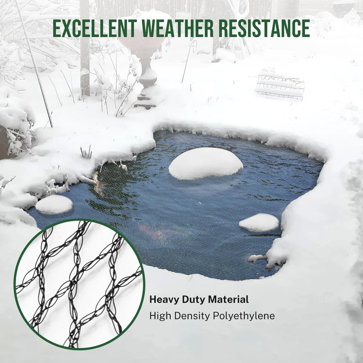 Pond Netting Cover for Leaves, 15 x 20 Koi Pond Net Cover, Durable & Sturdy Pond Netting for Koi Ponds, Protect Koi Fish Against Herons, Raccoons, Cats & Predators, 14pcs Stakes Included