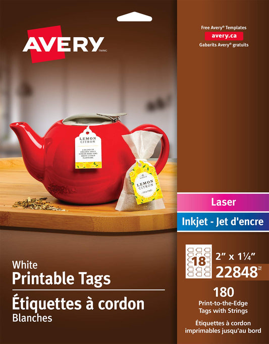 Avery Printable Gift Tags with Strings, 2" x 1-1/4", White Round, Micro-Perforated, 180 Edge to Edge Pre Punched Tags, for Laser & Inkjet Printers, (22848)