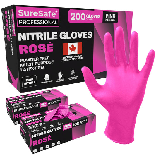[200 Pack] SURESAFE Pink Nitrile Gloves Medium, Powder Free and Latex Free Baking Gloves – For Kitchen, Painting, Gardening, Hair Salon Esthetician Supplies