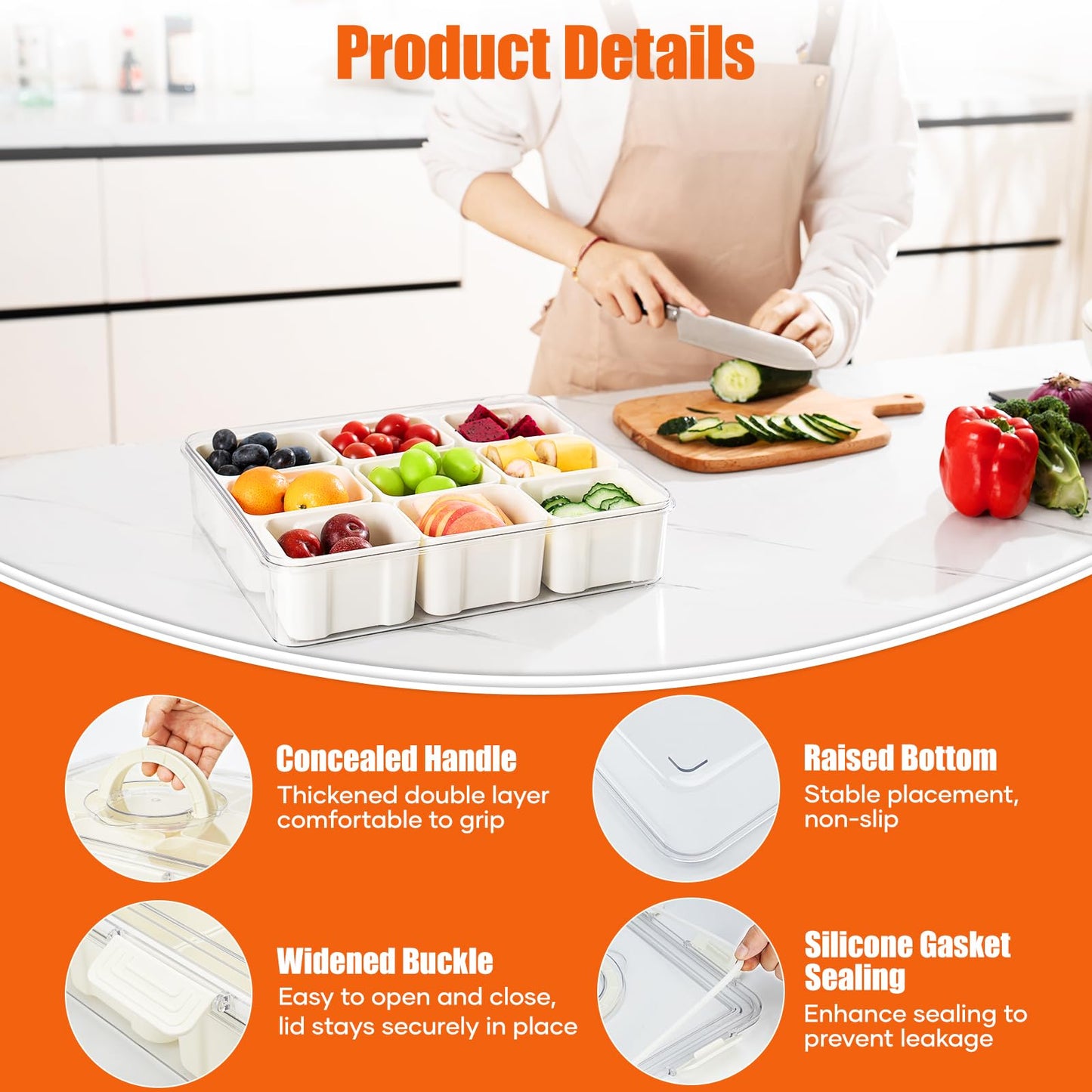 Divided Snackle Box - 9 Compartments Serving Tray with Lid & Handle - Clear Snack Container for Fruits, Candy & Nuts - Suitable for Travel, Parties & Daily Use (9 Inside Containers Dishwasher Safe)