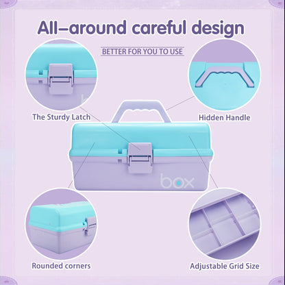30cm Three-Layer Multipurpose Storage Box Organizer Folding Tool Box/Art & Crafts Case/Sewing Supplies Organizer/Medicine Box/Family First Aid Box with 2 Trays (Purple Blue)