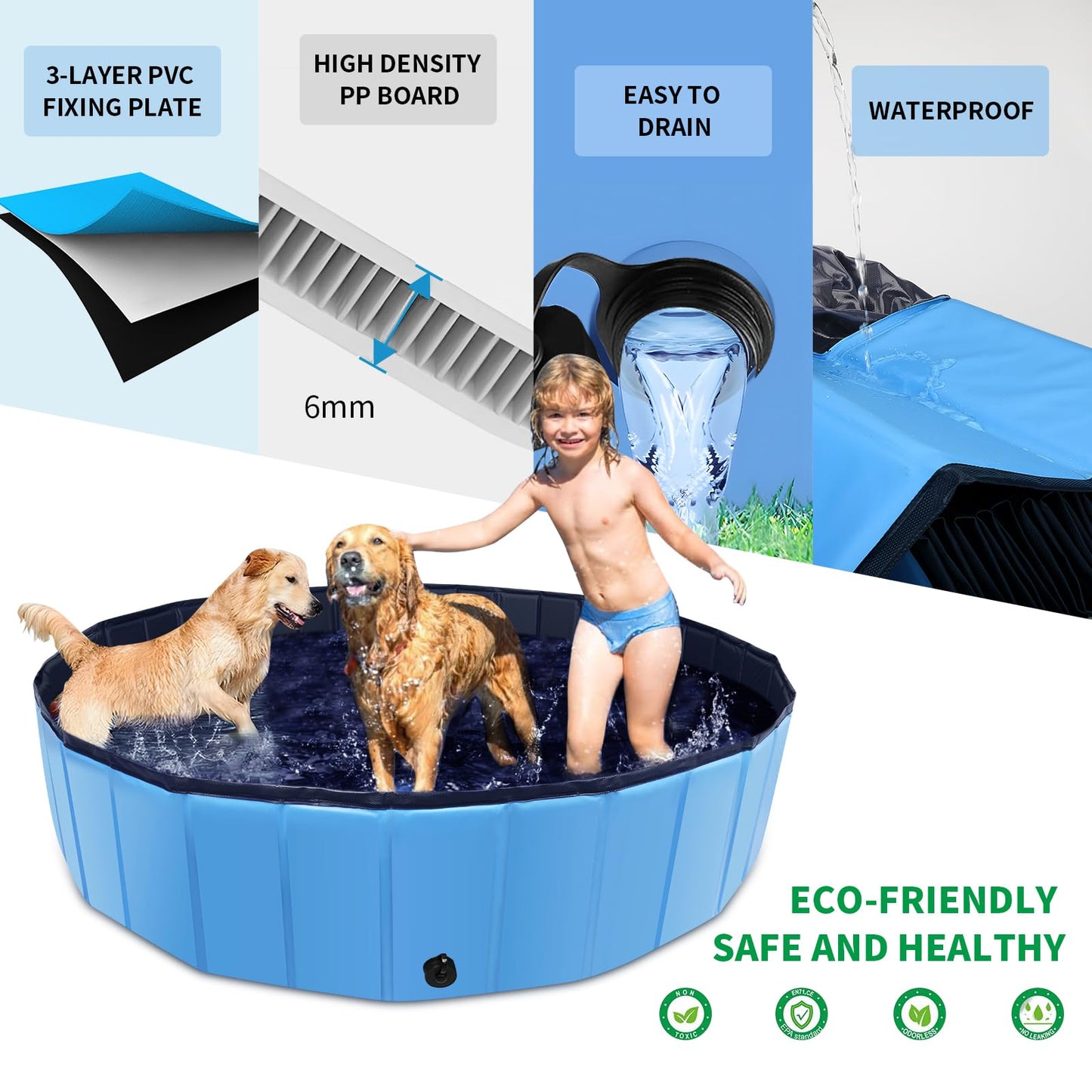 CACSPS Foldable Dog Pool, 32" x 8" Kiddie Pool with Hard Plastic, Non-Slip Dog Bath Tub for Outdoor Backyard, Collapsible Dog Swimming Pool for Kids Dogs Pets (Blue)