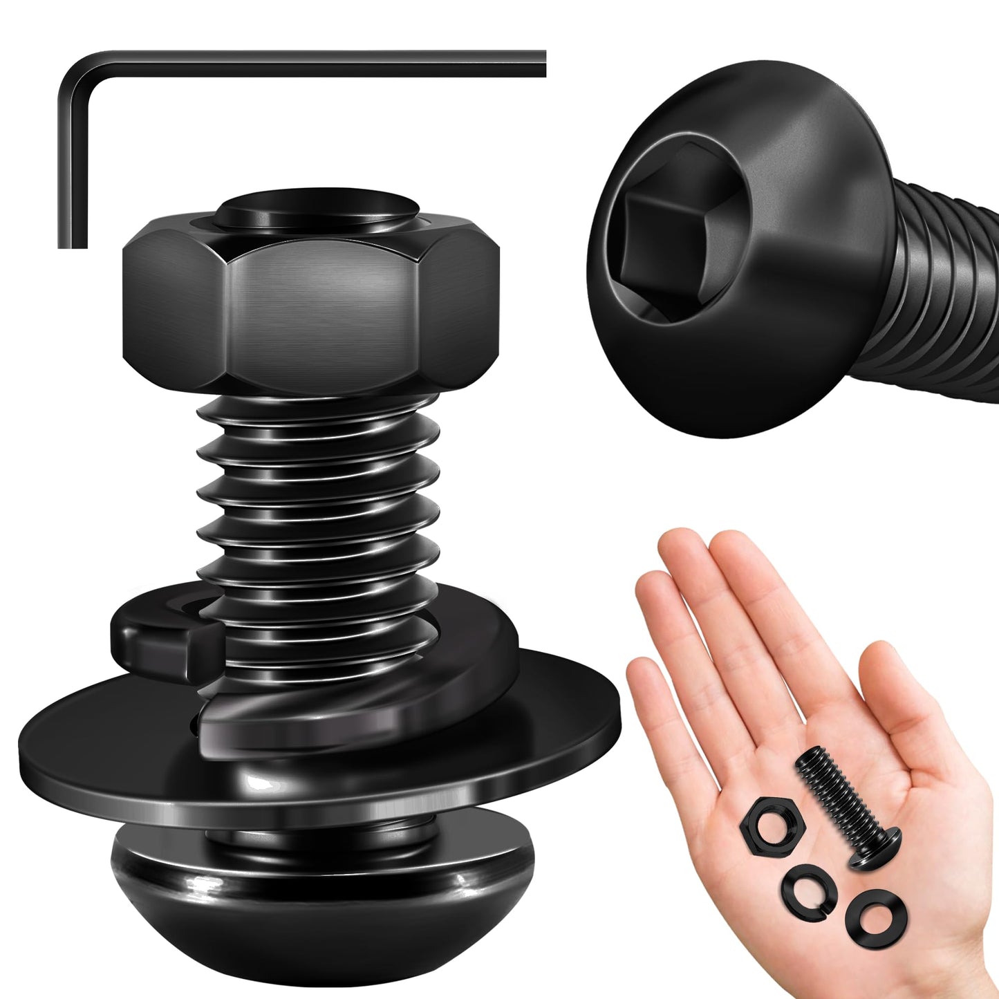 (20Sets) 3/8-16 Bolt x 1" Button Head Socket Cap Bolts Screws, Black Oxide 304 Stainless Steel Nuts and Bolts, 18-8 Allen Screws, Nuts and Bolts Assortment Kit, Hex Spanner by Mywish