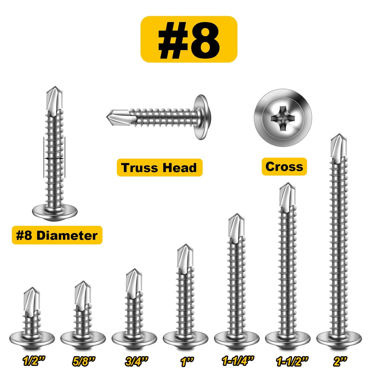 Mywish 300pcs #8×1/2" Self Tapping Screws for Metal, Sheet Metal Screws 410 Stainless Steel Truss Head Self Drilling Screws High-Strength Quick Tapping