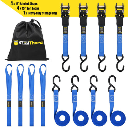 Stay There Ratchet Tie Down Straps 1'' x15', Ratchet Straps with S Hook - 1760lb Break Strength for Securing Motorcycle, Kayak, Truck with Rubber Handles, A Sturdy Bonus Bag & 4 Soft Loops Included