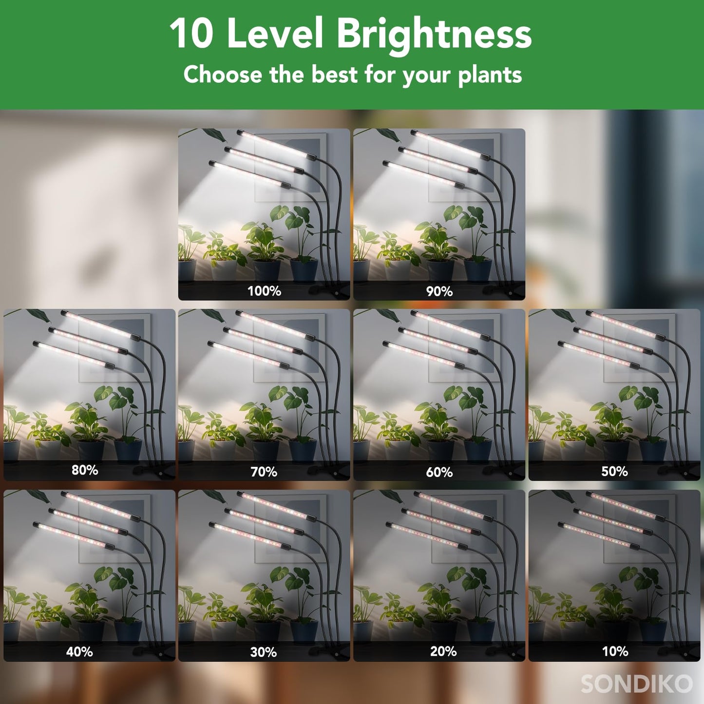 Sondiko Grow Lights for Indoor Plants Full Spectrum, 2 Heads Plant Lights Indoor with 3 Spectral Modes, 10 Level Brightness, Auto On/Off Timer, Memory Timing Function for Various Plants Growth