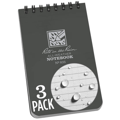 Rite in the Rain Weatherproof Top Spiral Notebook, 3" x 5", Gray Cover, Universal Pattern, 3 Pack (No. 835-3X)