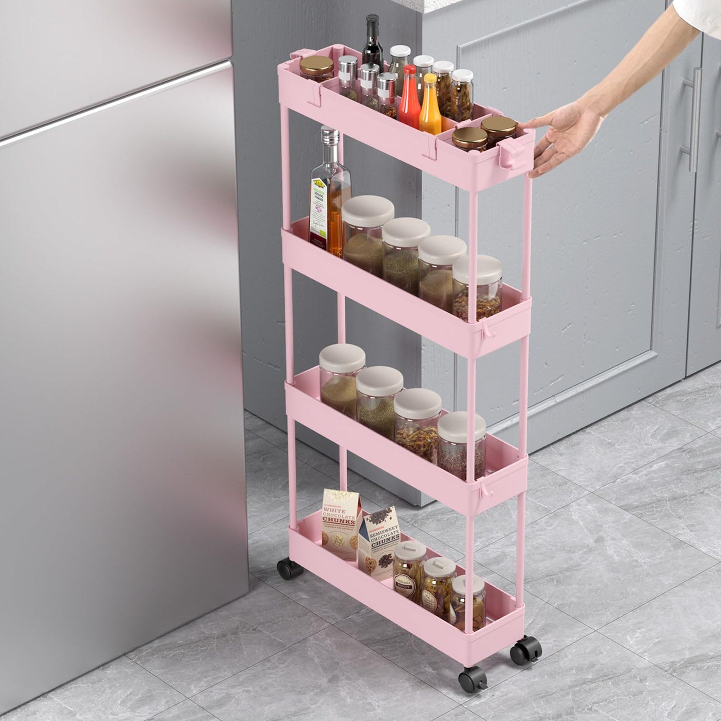SPACELEAD Slim Storage Cart 4 Tier,Bathroom Storage Organizer Rolling Utility Cart, Mobile Shelving Unit Slide Out Storage Cart for Office, Bathroom, Kitchen, Laundry Room & Narrow Places， Pink