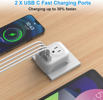 2 Pack European Travel Plug Adapter, VYLEE International Travel Adapter with 2 Outlets 4 USB Ports(2 USB C), 6 in 1 Type C Travel Essentials Charger for US to Most of Europe EU Italy Spain France