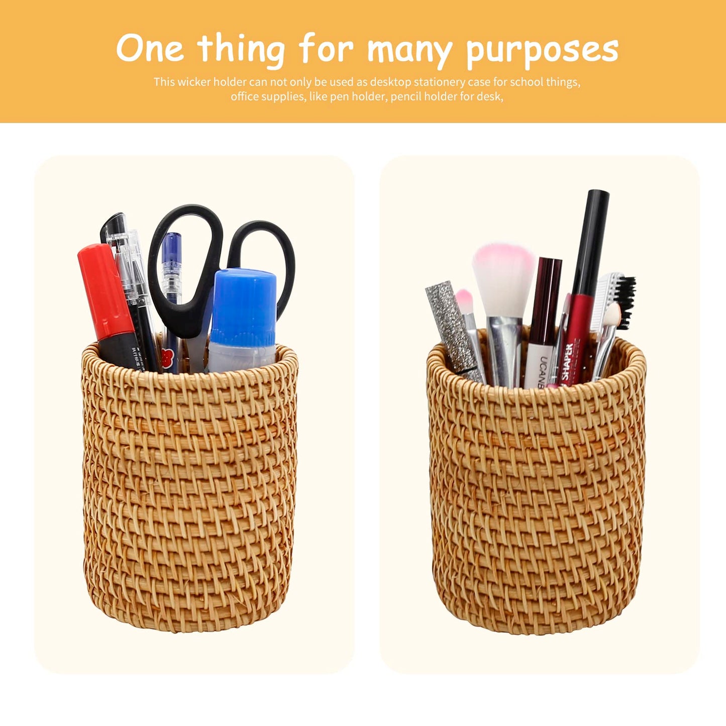 2 Pack Rattan Pencil Holder Handmade Pen Organizer Boho Desk Accessories Aesthetic Pen Cup Holder for Cute Office Decor
