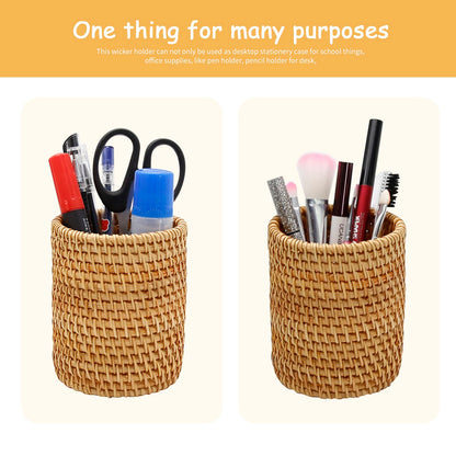 2 Pack Rattan Pencil Holder Handmade Pen Organizer Boho Desk Accessories Aesthetic Pen Cup Holder for Cute Office Decor