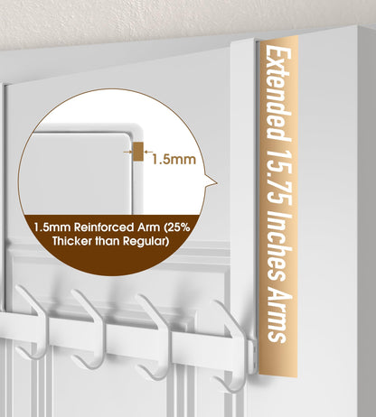 KitchLife Long Over Door Hooks Hanger with 15.75" Extended Arms, Fits 1-3/4" Thick Doors, J40C, 1 Pack Double-Hook, Thickened Bathroom Towel Rack Organization with Screws, Glossy White