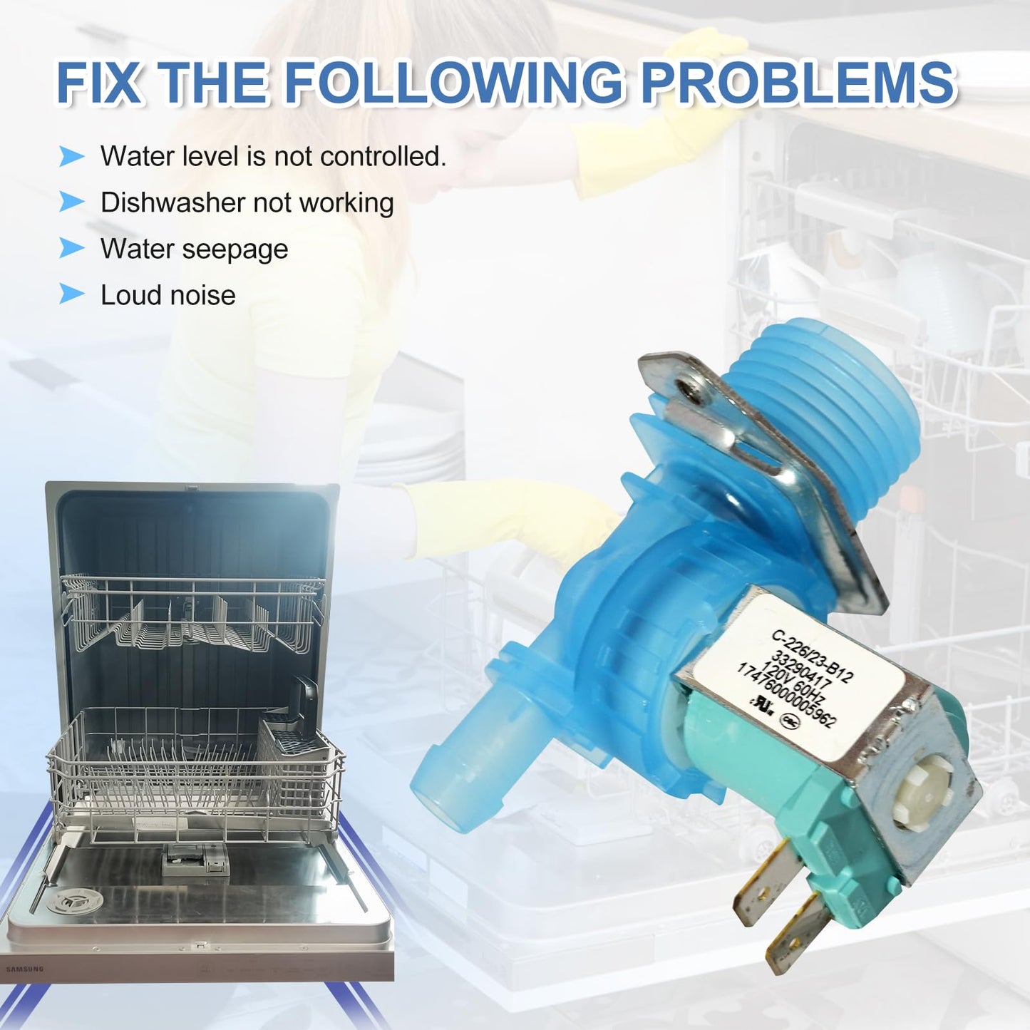 D.I.Accessa DD81-02065A Dishwasher Water Inlet Valve Replace OEM Parts 33290417 17476000005962 Compatiable For Samsung Dishwasher DW80K7050/DW80K5050,DW80R5060,DE80R5061,DE80T5040 Series
