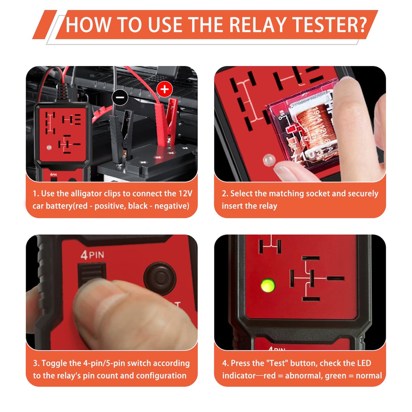 Automotive Relay Tester with Relay Puller - 12V Car Relay Tester Diagnostic Tool, Handheld 4 & 5 Pin Auto Relay Testing Kit, Car Battery Relay Detector Checker with Battery Clips for Auto Repair