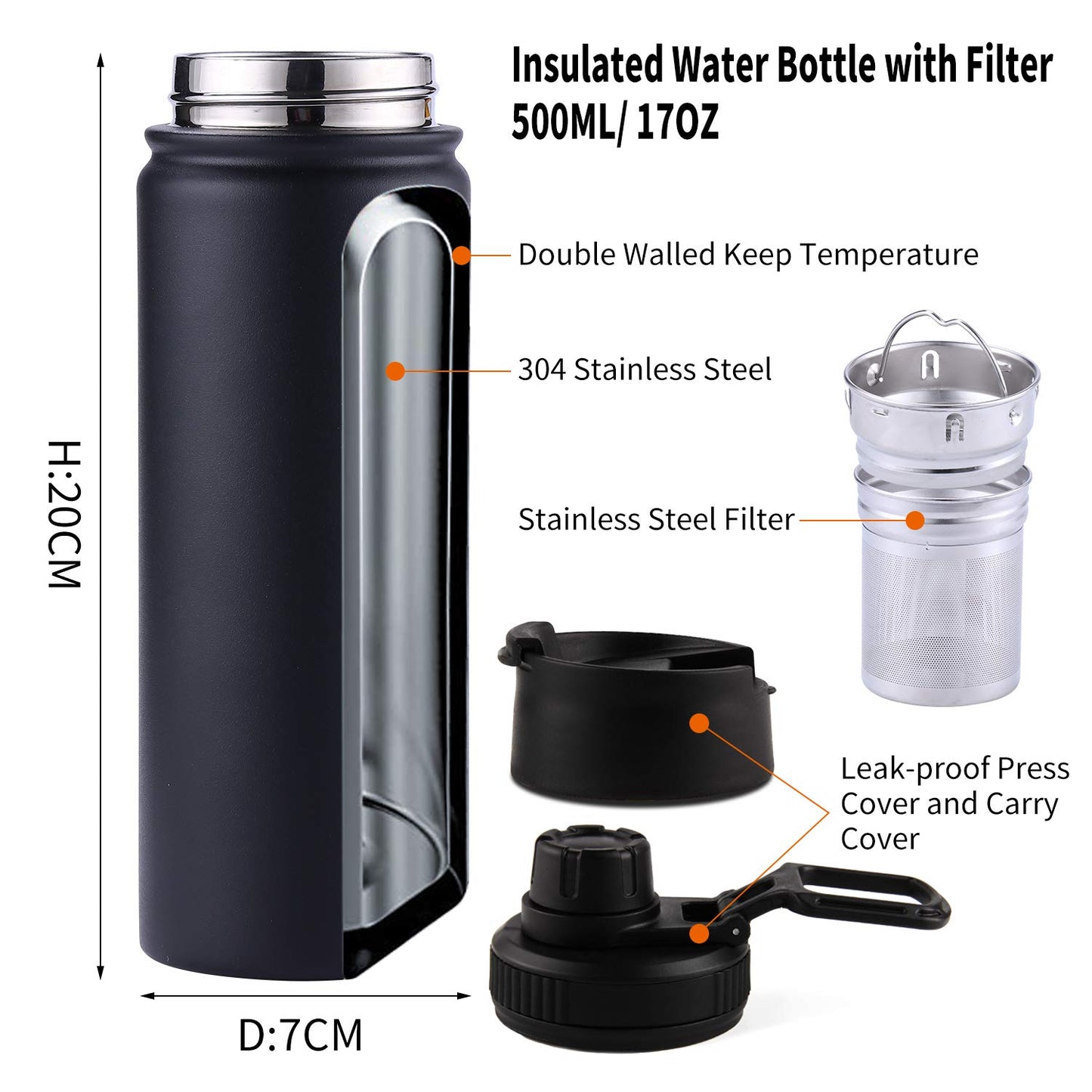 Sivaphe 17oz/500ml Insulated Water Bottle with Removable Stainless Steel Infuser Basket, Double Wall Vacuum Travel Mug (Black)