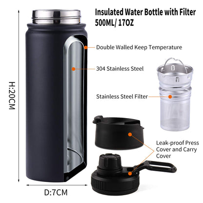 Sivaphe 17oz/500ml Insulated Water Bottle with Removable Stainless Steel Infuser Basket, Double Wall Vacuum Travel Mug (Black)