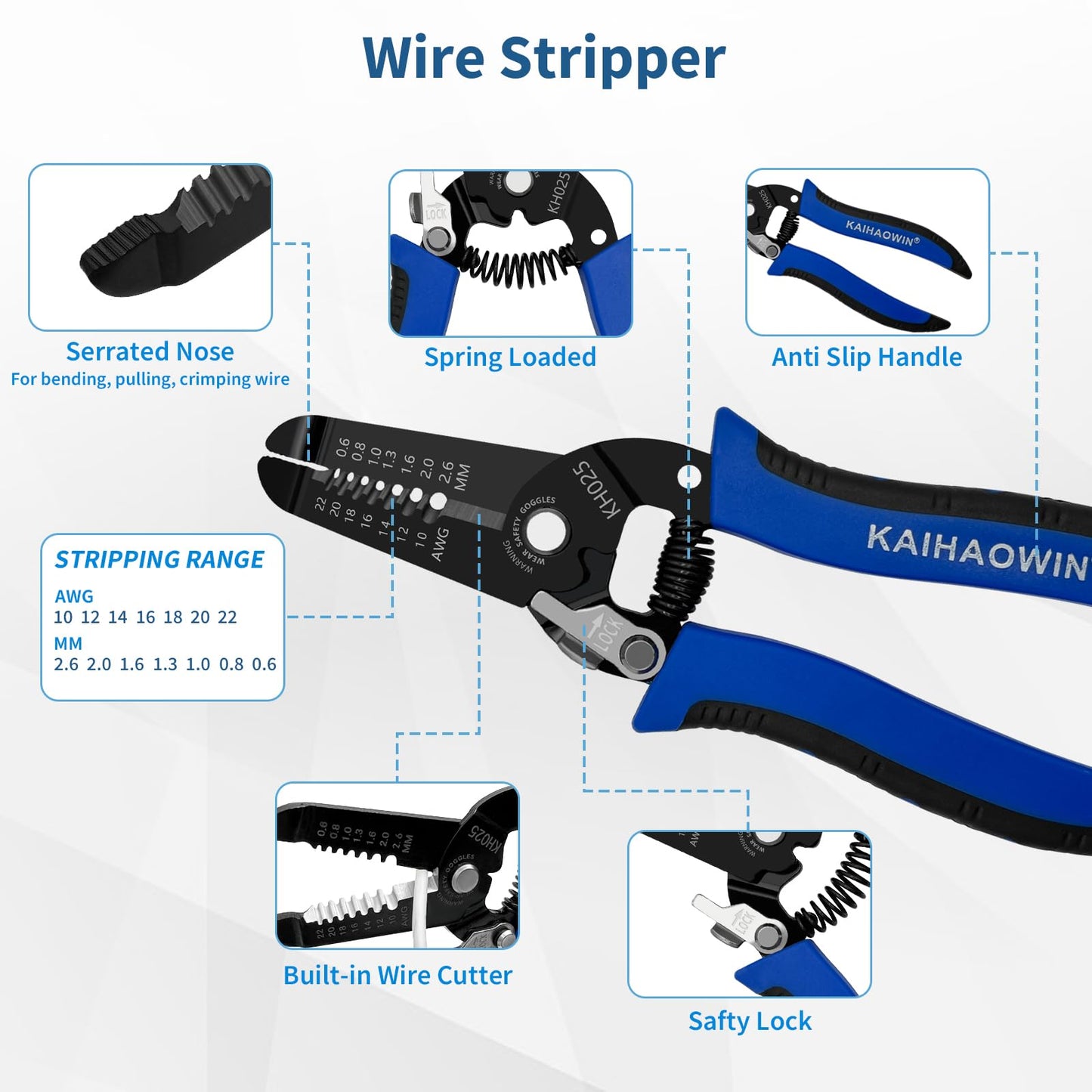 KAIHAOWIN 5 Pack Wire Stripper and Cutter with Safety Lock and Spring Loaded Professional Stripping Pliers Electrican Tool Small Gauge for 10-22 AWG Stranded Wire