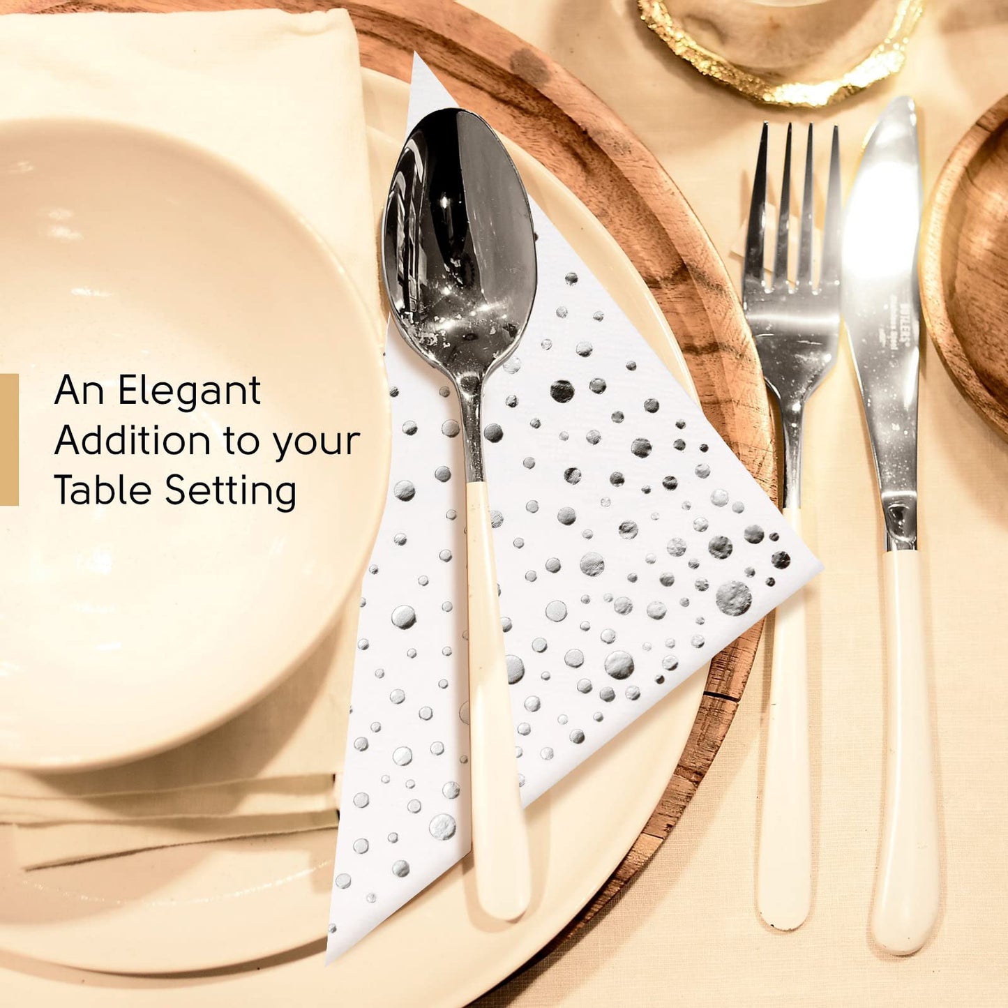 Stylish 6.5 x 6.5 Inch Silver Napkins - 100 Pack of White and Silver Lunch Napkins - Add Sparkle to Your Event with Party Napkins - Disposable 3 Ply Wedding Napkins for Reception